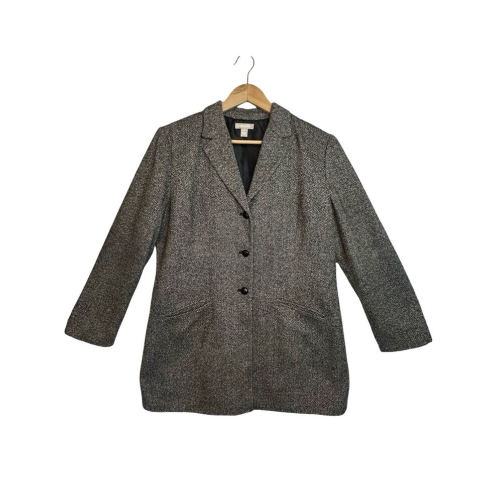 NORDSTROM Tweed Gray Black White Wool Silk Long Button Blazer Size 14